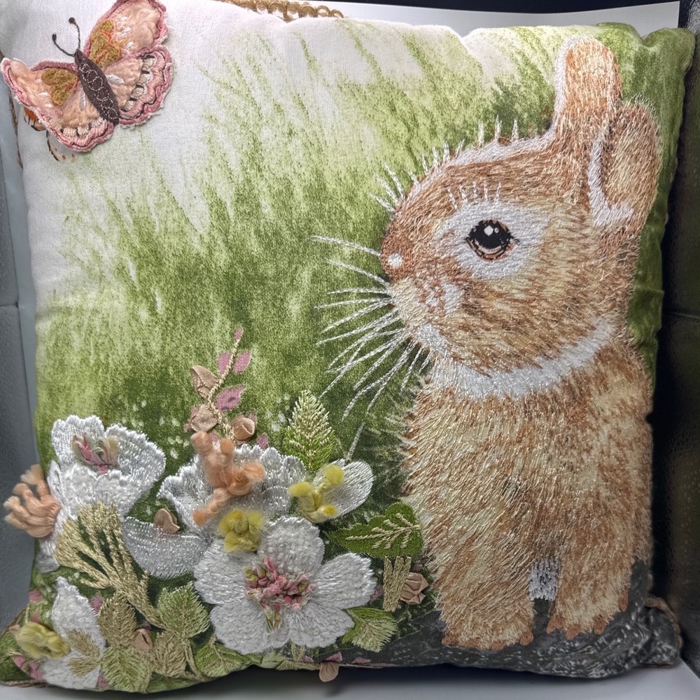 Pier 1 Imports Embroidered Bunny Rabbit Floral Throw Pillow Green Plaid 15x15